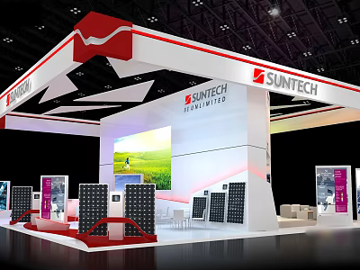 SUNTECH Exhibition Booth Red White Design With Top Logo Large Screen And Green Field 3d model