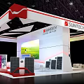 SUNTECH Exhibition Booth Red White Design With Top Logo Large Screen And Green Field