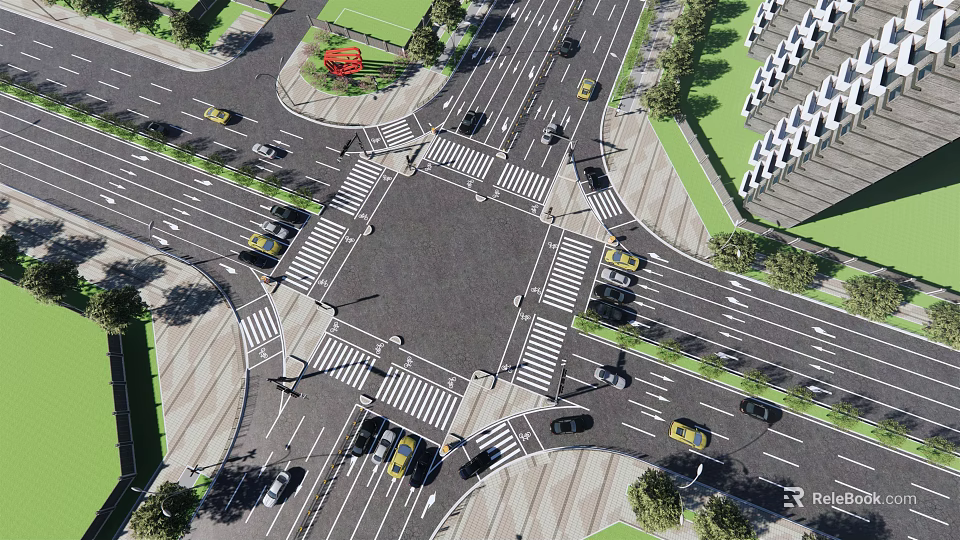 Urban Road Infrastructure At Traffic Intersection With Crosswalks Lanes And Vehicles 3d model 