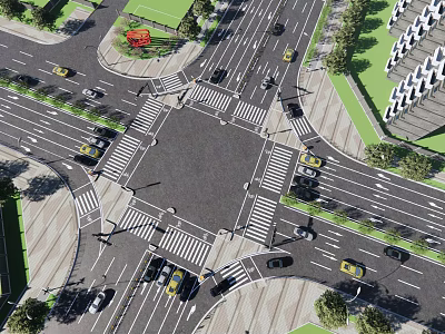 Urban Road Infrastructure At Traffic Intersection With Crosswalks Lanes And Vehicles 3d model