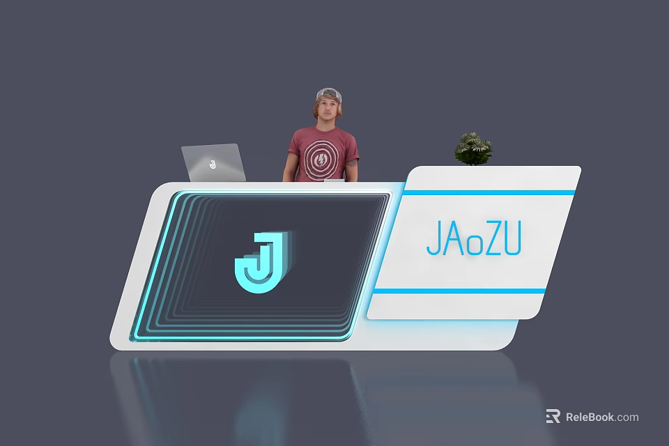 Modern Exhibition Reception Desk With Blue Lines Laptop Potted Plant And JAOZU Logo 3d model 