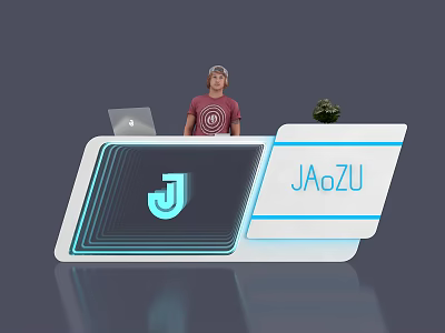 Modern Exhibition Reception Desk With Blue Lines Laptop Potted Plant And JAOZU Logo 3d model
