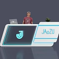 Modern Exhibition Reception Desk With Blue Lines Laptop Potted Plant And JAOZU Logo