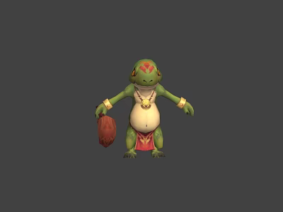 Green Amphibian Game Movie Character With Red Markings Gold Jewelry Red Shorts And Brown Pouch 3d model