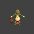 Green Amphibian Game Movie Character With Red Markings Gold Jewelry Red Shorts And Brown Pouch
