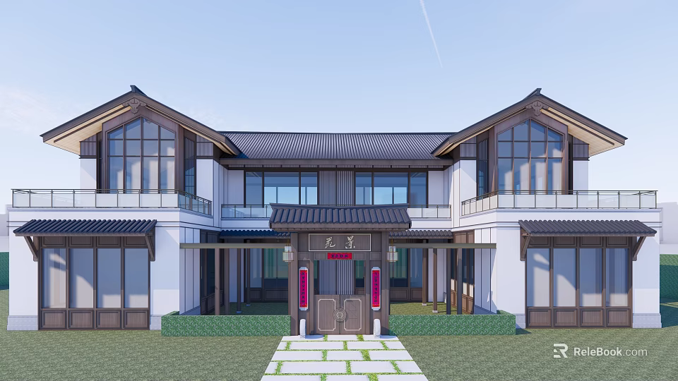Traditional Chinese Detached Villa With Courtyard Wooden Gateway And Glass Windows 3d model 