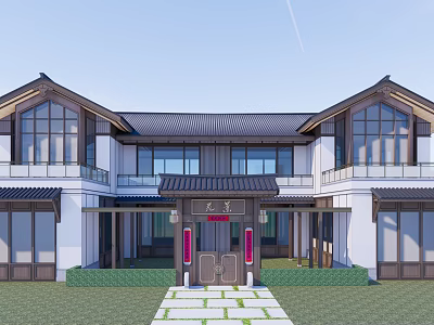 Traditional Chinese Detached Villa With Courtyard Wooden Gateway And Glass Windows 3d model