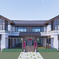 Traditional Chinese Detached Villa With Courtyard Wooden Gateway And Glass Windows