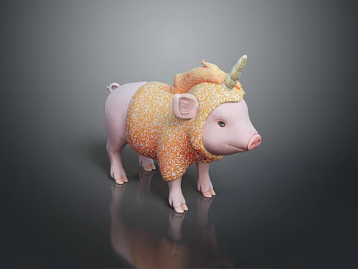 Cute Pink Pig With Unicorn Horn Wearing Orange Patterned Outfit Standing On Dark Reflective Surface 3d model