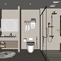 Modern Bathroom Interior Design With Round Mirror Vanity Glass Shower And Potted Plant