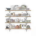 Stylish Dinnerware Set with Bowls Plates Cups and Jars on Wooden Shelves