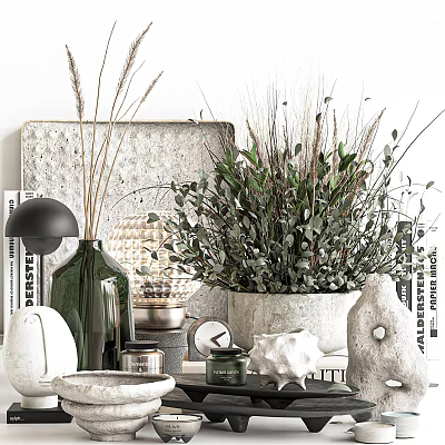 Stylish Decorative Ornament Combination with Green Plants Vases and Decorative Accessories for Living Room Interior 3d model