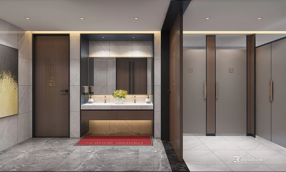 Modern Public Restroom Interior With Sink Mirror And Wooden Stall Doors 3d model 
