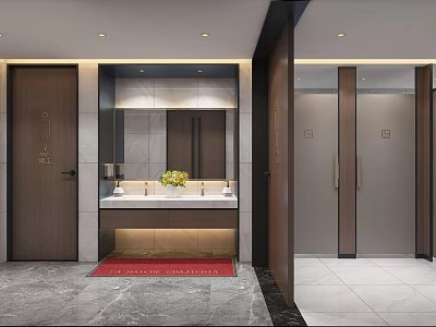Modern Public Restroom Interior With Sink Mirror And Wooden Stall Doors 3d model