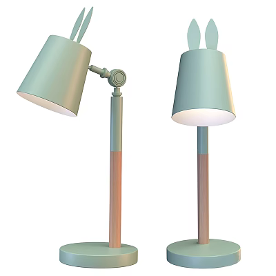Two Light Green Table Lamps With Bunny Ear Design Wooden Pole And Adjustable Shade 3d model
