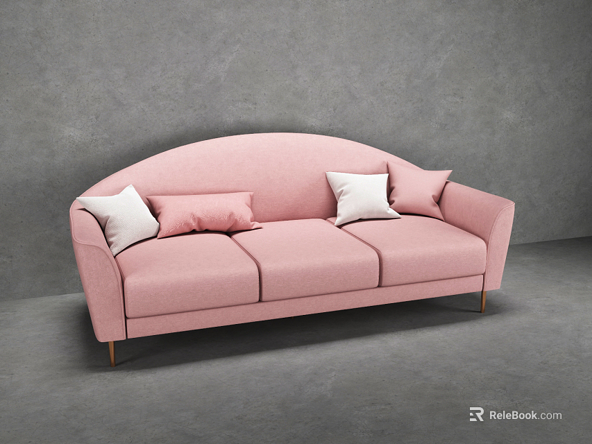 Pink Upholstered Three Seater Sofa with White Pillows against Gray Wall 3d model 
