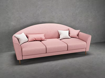 Pink Upholstered Three Seater Sofa with White Pillows against Gray Wall 3d model