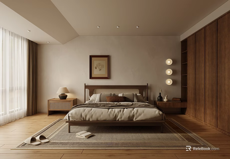 Cozy Bedroom Interior With Wooden Bed Framed Picture Rug And Nightstand Lamp 3d model 