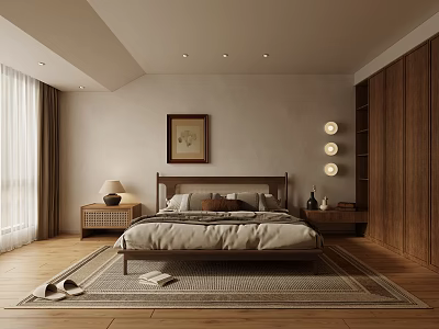 Cozy Bedroom Interior With Wooden Bed Framed Picture Rug And Nightstand Lamp 3d model