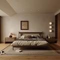 Cozy Bedroom Interior With Wooden Bed Framed Picture Rug And Nightstand Lamp