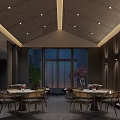 Modern Lounge Area With Wooden Walls Dining Tables Recessed Lighting And Green Plants