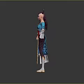 Ancient Style Game Movie Character In Blue Robe With Red Belt White Cuffs And Traditional Headdress