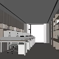 Modern Office Minimalist Interior With Long Work Tables Computers Bookshelves Large Windows And City View