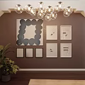 Modern Interior Featuring Abstract Painting on Wall with Multiple Art Paintings Crystal Chandelier and Green Plant