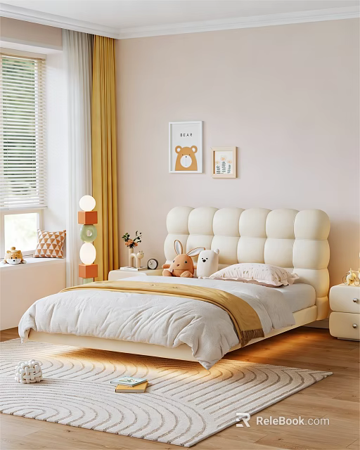 Cozy Kids Bedroom With Tufted Bed Rabbit Plush Pink Pillow Wall Art And Yellow Curtains 3d model 