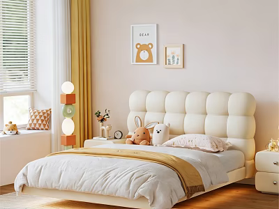 Cozy Kids Bedroom With Tufted Bed Rabbit Plush Pink Pillow Wall Art And Yellow Curtains 3d model