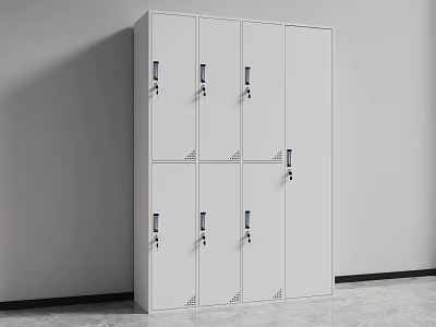 White Modern Locker Cabinet With Multiple Doors Black Handles And Locks Against Gray Wall 3d model