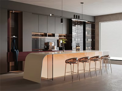 Modern Bar Interior Design With Curved White Counter And Metal Stools Hanging Lights Dark Cabinets 3d model