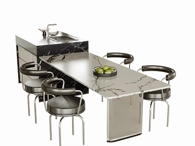 Modern Dining Table Set with Marble Top and Four Stylish Metal Chairs 3d model