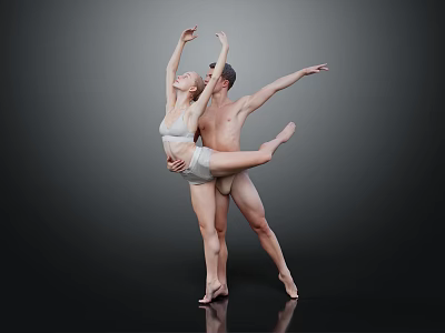 Two Ballet Dancers In Graceful Lifted Pose Against Black Background With Light Costumes 3d model