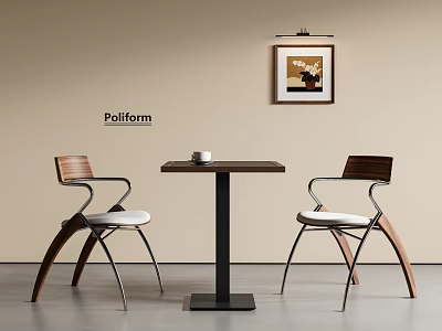 Pollform Modern Table And Chairs With Wooden Backrests White Seats Metal Legs Wall Art 3d model