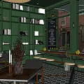 Café Interior With Green Walls Bookshelves Bamboo Pendant Lights Potted Plants Tables And Blackboard Menu