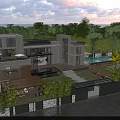 Modern Single Family Villa Exterior Design With Swimming Pool Lush Trees And Open Terrace