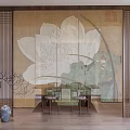 Modern Linen Curtain With Large Lotus Print In Living Room Interior