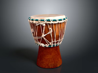 Traditional African Wooden Drum With White Head Green Trim And Rope Bindings 3d model