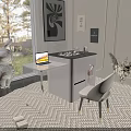 Tea Room Interior With Bunny Figure Laptop Table Chair Wicker Rug Wall Art Trees Window