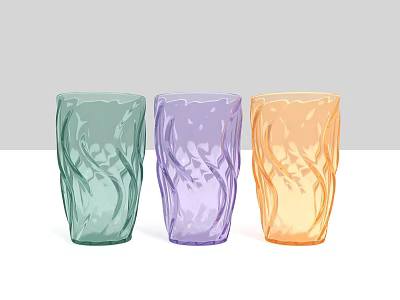 Vibrant Textured Green Purple And Orange Glass Cups On Dining Table 3d model