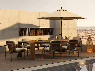 Wooden Outdoor Table with Beige Umbrella Chairs Fruits Concrete Wall and Desert View 3d model