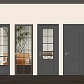 Black Hinged Doors With Various Glass Designs On Wooden Floor And Light Colored Walls