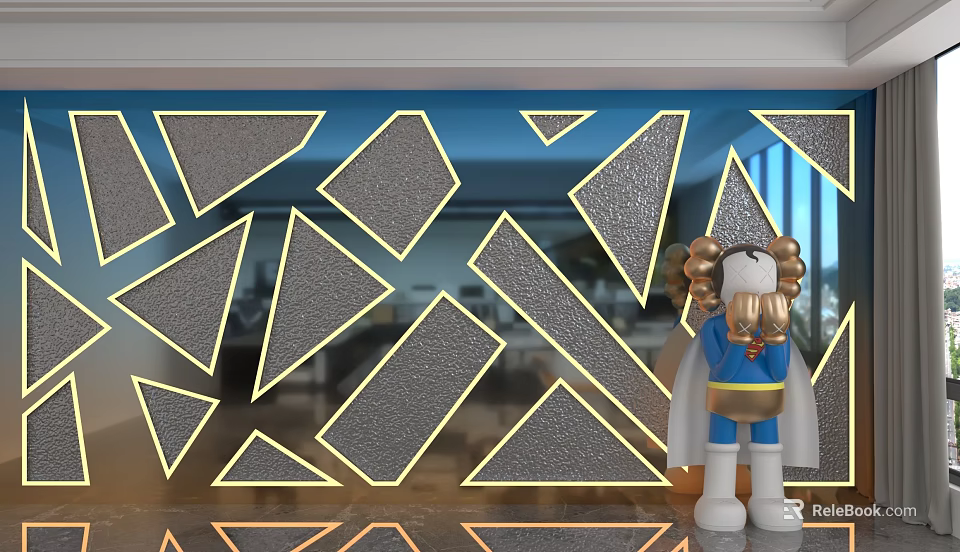Geometric Patterned Background Wall With Golden Borders Textured Surface And Cartoon Lion In Indoor Setting 3d model 