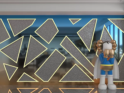 Geometric Patterned Background Wall With Golden Borders Textured Surface And Cartoon Lion In Indoor Setting 3d model
