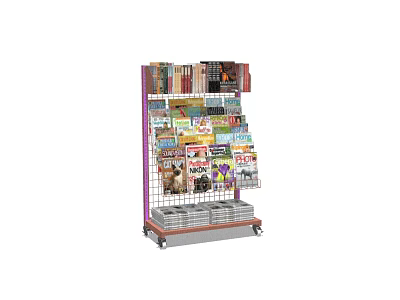 Durable Metal Magazine Bookcase With Multiple Shelves Filled With Assorted Magazines And Casters 3d model