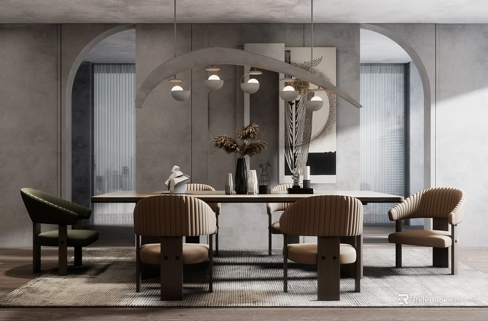 Modern Dining Table Set with Upholstered Chairs Arched Pendant Light Decorative Painting and Area Rug 3d model 