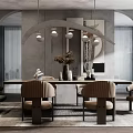Modern Dining Table Set with Upholstered Chairs Arched Pendant Light Decorative Painting and Area Rug