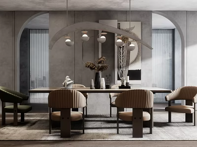 Modern Dining Table Set with Upholstered Chairs Arched Pendant Light Decorative Painting and Area Rug 3d model