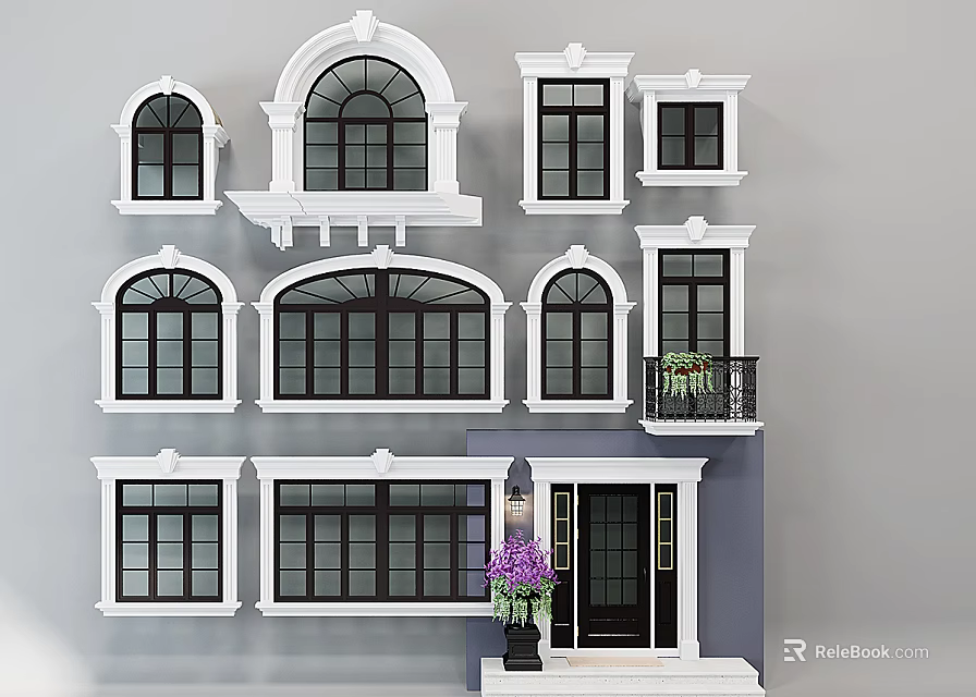 Casement Windows With Various Designs White Frames And Black Glass For Building Facade 3d model